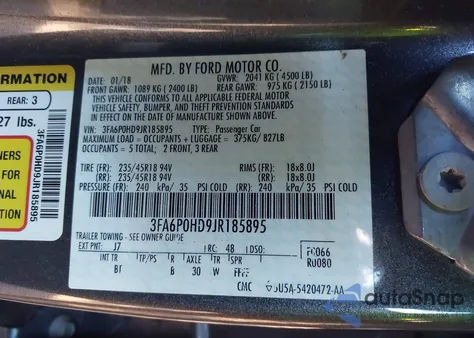 2018 Ford Fusion Se из США, поврежденный, VIN 3FA6P0HD9JR185895